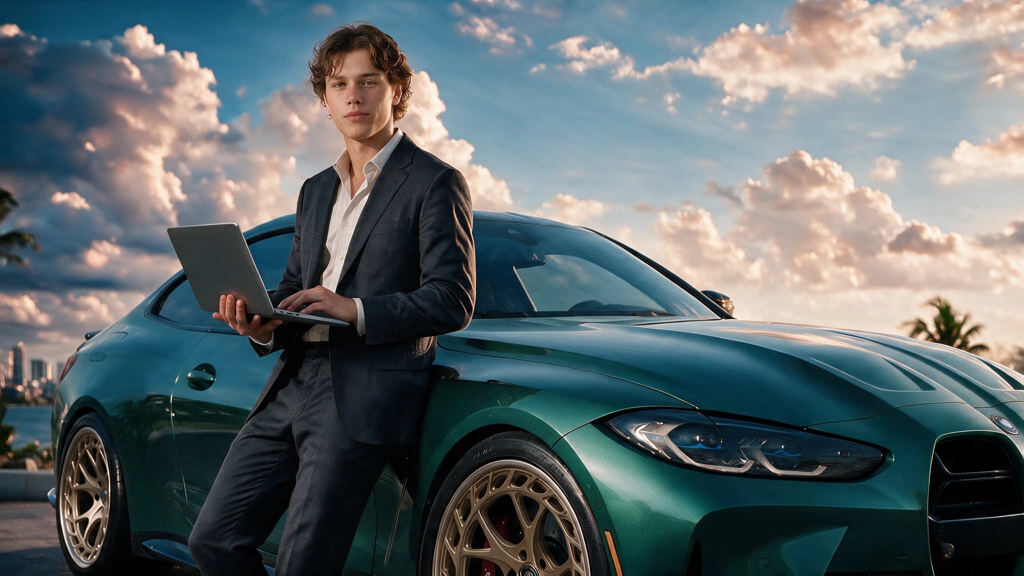 Brez holding a laptop beside a green BMW M4 Competition