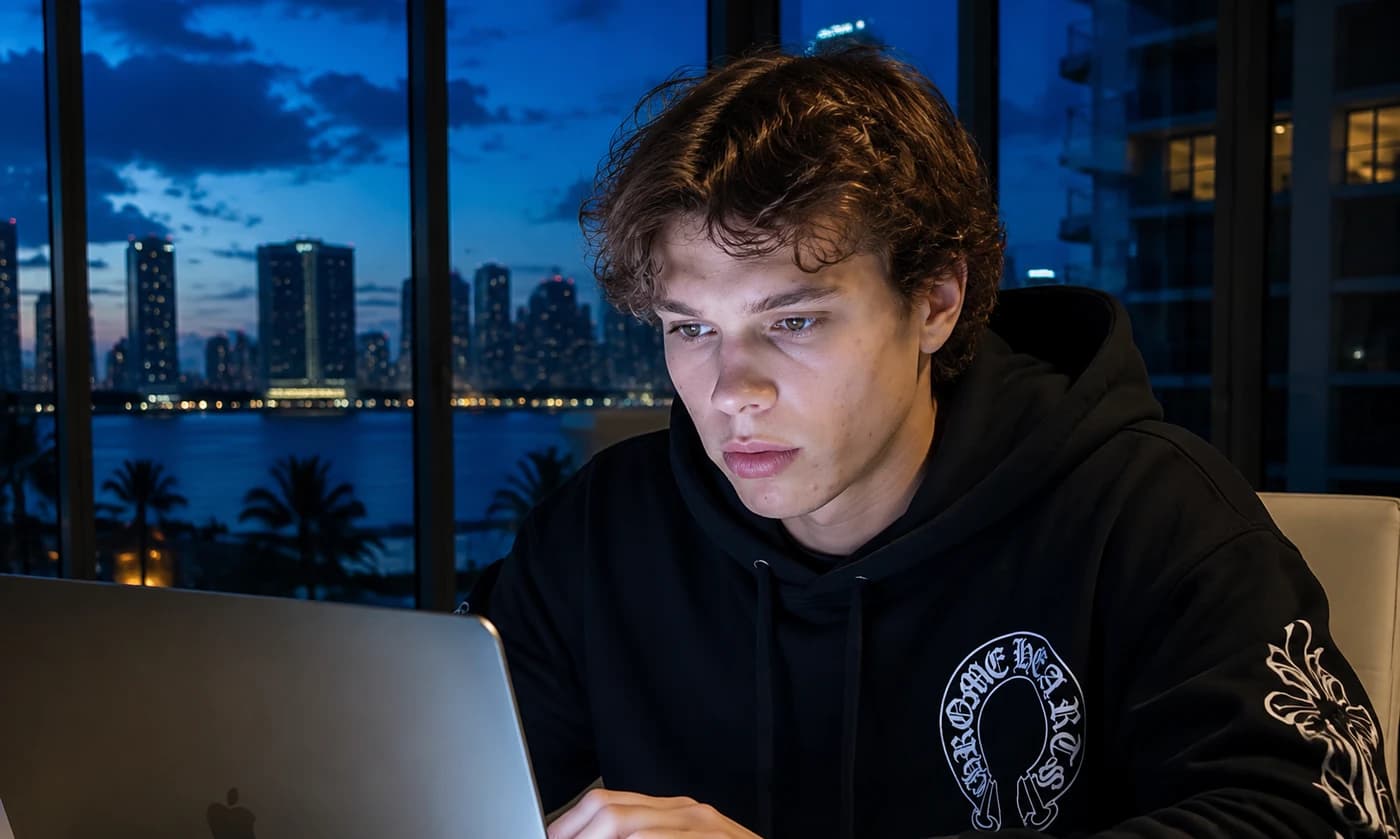 Brez concentrating on his laptop with the Miami skyline behind him