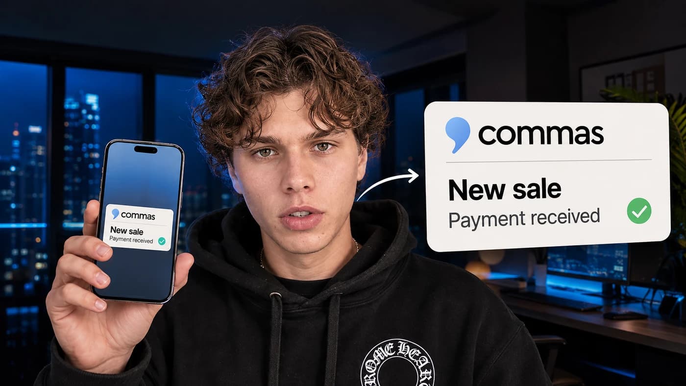 Brez holding his phone beside a Commas sale notification